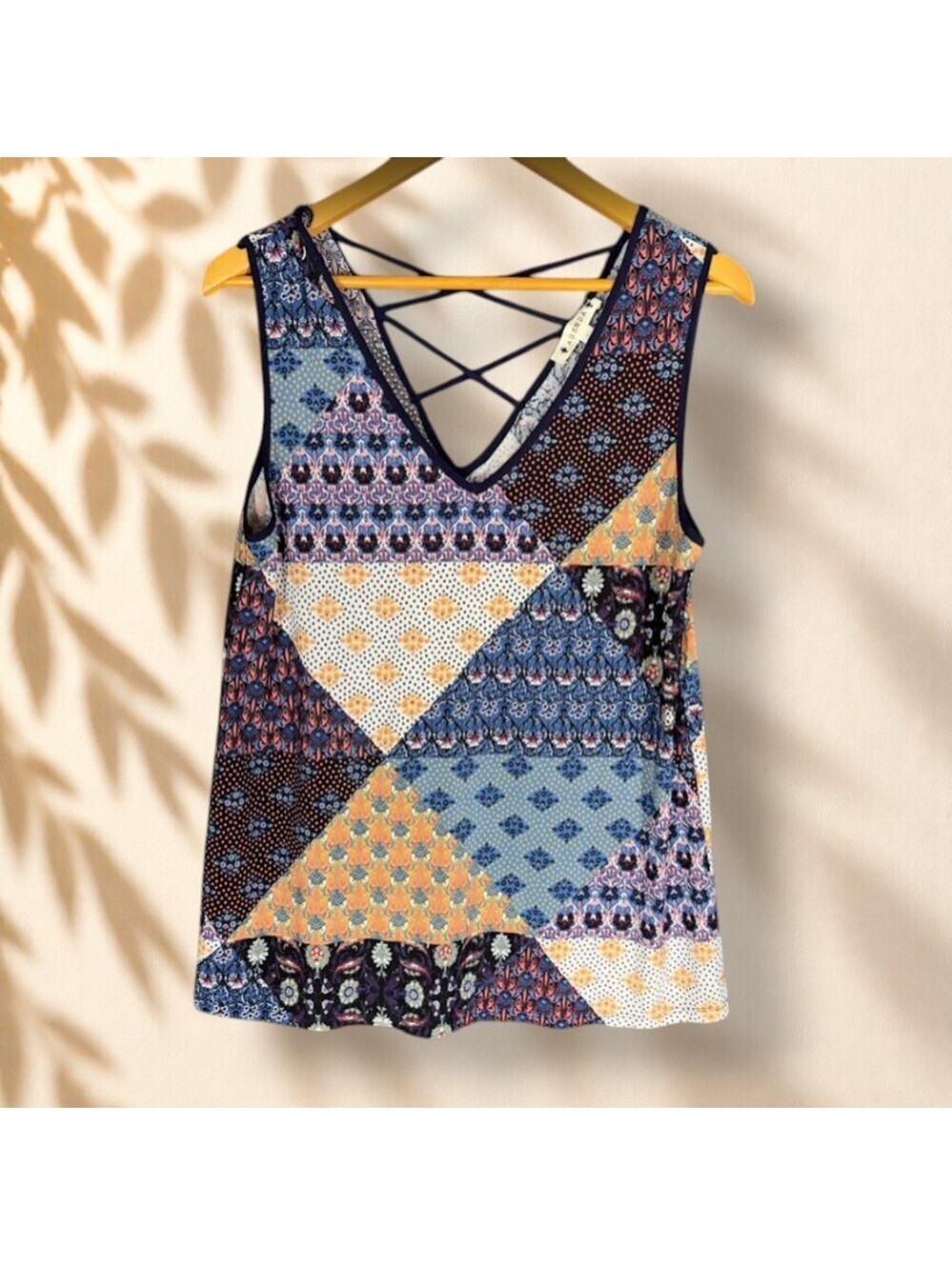 Agenda Blouse Women L Large Blue Floral V-Neck Sleeveless Wide Strap Casual